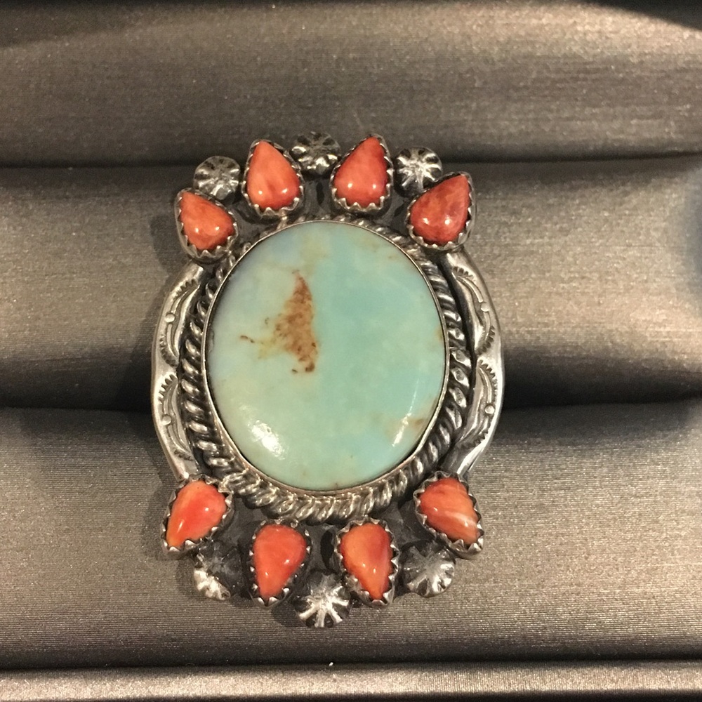 Native American Turquoise and Spiny Oyster Ring